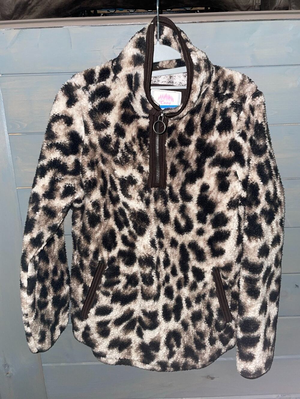 Cozy Sherpa Leopard Print Quarter Zip Pullover Teddy Fleece Jacket Women’s Mediu
